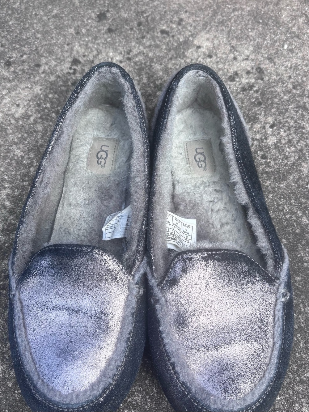 UGG Metallic Silver Gray Shearling-Lined Slip-On Loafers